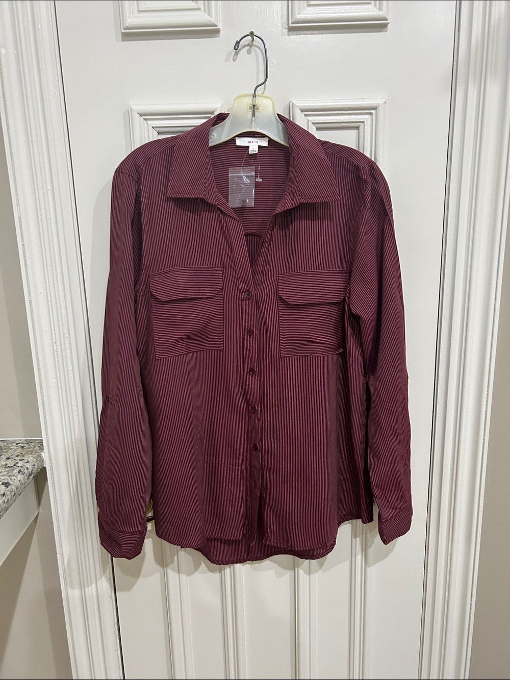 mine Burgundy Button-Front Long Sleeve Shirt with Chest Pockets